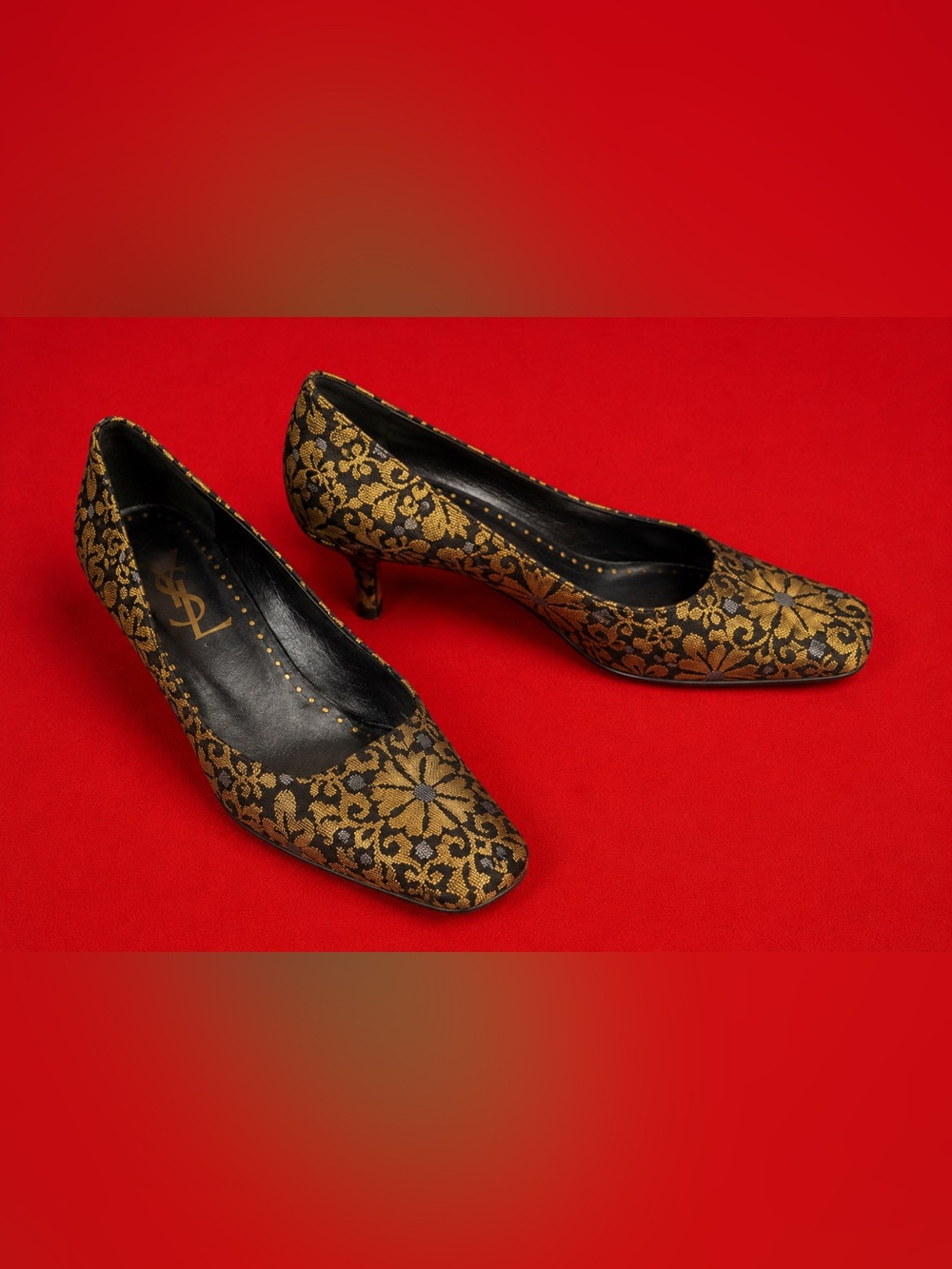 Yves Saint Laurent Black and Gold Brocade Kitten Heel Pumps